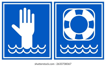 Drowning hazard, lifebuoy and lifeguard symbols. Beach warning sign set. Emergency, beach safety labels. 