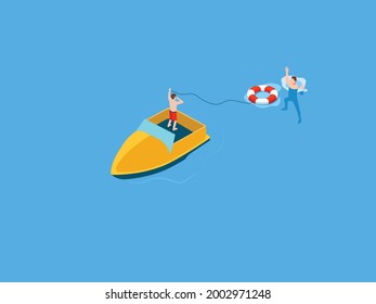 Drowning isometric vector concept. Man helping drowning person with a buoy and boat on the sea