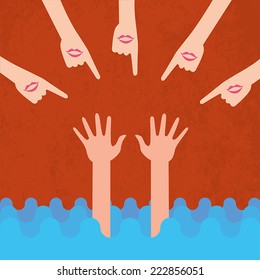 Drowning man and laughting people. Vector