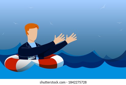 drowning man on life ring on high seas stretches his hands, asks for help. Crisis, difficult life situation. Need for support and help. Vector