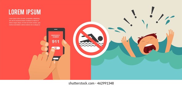 drowning man screaming for help. hands press emergency number 911 on a mobile phone 