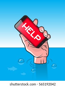 Drowning man with Smartphone in Hand with HELP signal on screen