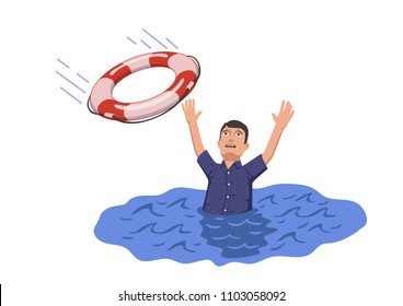Drowning man sticking out of the water trying to catch lifebuoy. Safety and urgent help. Resque needed. Flat vector illustration. Isolated on white background.