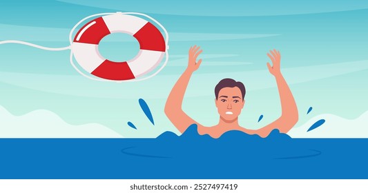 Drowning man sticking out of the water trying to catch lifebuoy. Safety and urgent help. Rescue on water. Giving lifebuoy to drowning man. Vector illustration