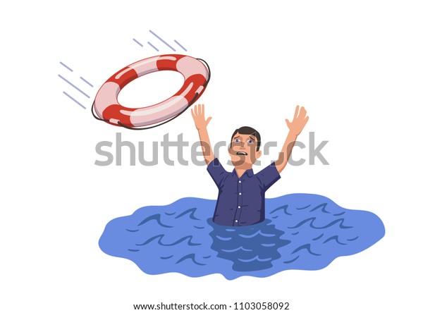 救命ブイを捕まえようとして水から飛び出して溺れている人 安全と緊急の助け レスクが必要だった 平らなベクターイラスト 白い背景に のベクター画像素材 ロイヤリティフリー