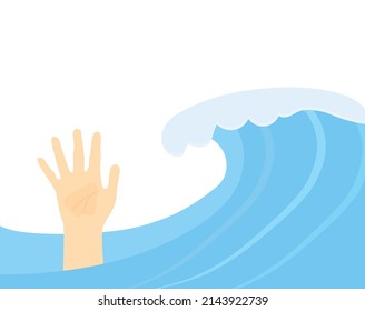 Drowning Man In Stormy Sea Asking For Help, Impending Danger, Problems Concept - Vector Illustration