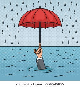 Ertrinkender Mann mit Regenschirm in der Regenflut Metapher Popkunst Retro handgezeichnet Vektorgrafik. Comic-Buchstil-Imitation.