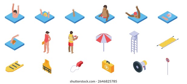  Drowning people icons set. Isometric lifeguard watching swimming people and rescue equipment icons set with isolated images of life saving tools and drowning swimmers