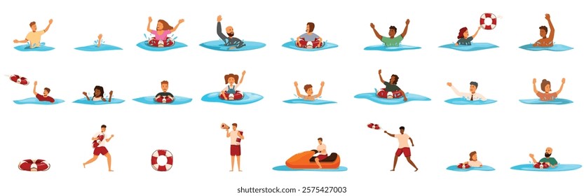  Drowning people icons set. Lifeguards are rescuing drowning people using lifebuoys and an inflatable boat, ensuring safety and providing assistance in water emergencies