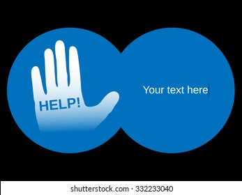 Drowning prevention education concept. Hand of drowning man asking for help. View through binoculars. Vector illustration.