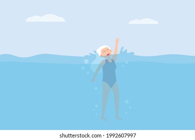 Drowning Vector Concept: Senior Woman Drowning On The Sea While Her Hand Asking Help Someone 