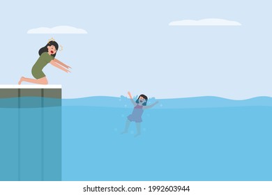 Drowning vector concept: Young mother trying to help her daughter drowning on the sea 