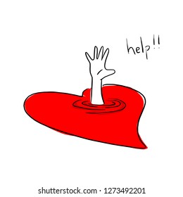 drowning victim in red heart vector illustration sketch doodle hand drawn with black lines isolated on white background. 