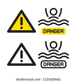 Drowning with Warning Sign, man drowning with warning sign. Simple design, stroke outline style. Line vector. Isolate on white background.
