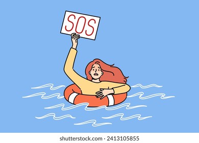 Drowning woman with SOS sign uses lifebuoy, floating in water after falling overboard ship. Girl with inscription SOS symbolizes bankruptcy caused by unfavorable business climate and layoffs