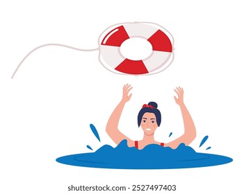 Drowning woman sticking out of the water trying to catch lifebuoy. Safety and urgent help. Rescue on water. Giving lifebuoy to drowning woman. Vector illustration