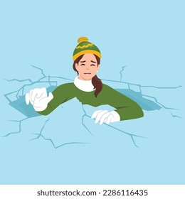 Drowning woman is trying to get out of hole in which fell while walking on frozen lake for concept adverse environmental conditions. Drowning girl got into trouble after natural disaster. Flat vector 