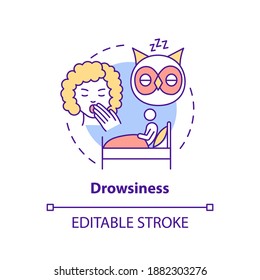 Drowsiness concept icon. Sleepiness from overwork. Lack of sleep. Weakness at night. Brain health idea thin line illustration. Vector isolated outline RGB color drawing. Editable stroke