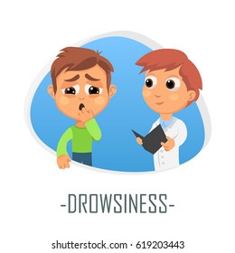 Drowsiness medical concept. Vector illustration. Doctor and patient are talking in the hospital. Isolated on white background.