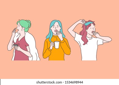 Drowsiness, morning fatigue and chronic exhaustion, feeling tired, burnout signs concept. Yawning drowsy young women with tiredness and overload, depression symptom. Simple flat vector