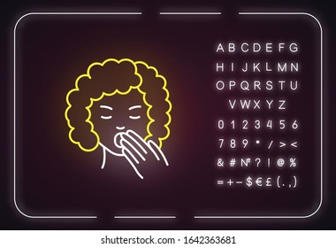 Drowsiness neon light icon. Sleepy woman. Fatigue and burnout. Early symptom of pregnancy. Outer glowing effect. Sign with alphabet, numbers and symbols. Vector isolated RGB color illustration