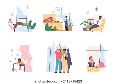 Drowsiness people. Asleep or yawn bored man and tired drowsy woman, yawning sleepy person lazy worker wish sleeping, narcolepsy somnolence sleep lack, vector illustration of tired sleepy fatigue