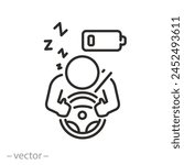 drowsy fatigued driver icon, sleeping man the while driving, tired or drowsy person on road, thin line symbol on white background - vector illustration