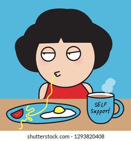 Drowsy Girl Eating Her Breakfast Concept Card Character illustration