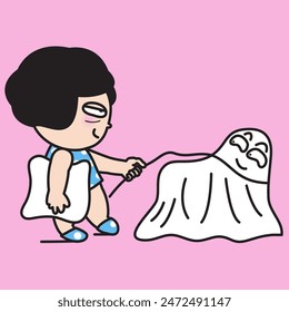 Drowsy Girl Holding Pillow Follow The Blanket Concept Card Character illustration