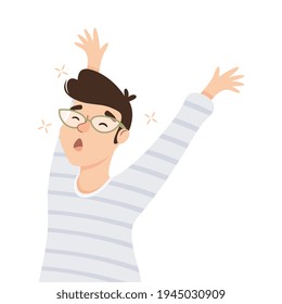 Drowsy Man Stretching and Yawning Feeling Need for Sleep Vector Illustration