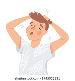 Drowsy Man Stretching and Yawning Feeling Need for Sleep Vector Illustration