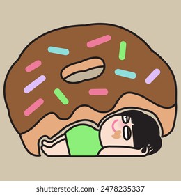 Drowsy Young Woman With Big Belly Lying Under Bitten Donut With Chocolate Glaze And Multicolored Powder Concept Card Character Illustration