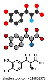 Droxidopa (L-DOPS) hypotension (low blood pressure) drug molecule. Conventional skeletal formula and stylized representation, showing atoms (except hydrogen) as color coded circles.