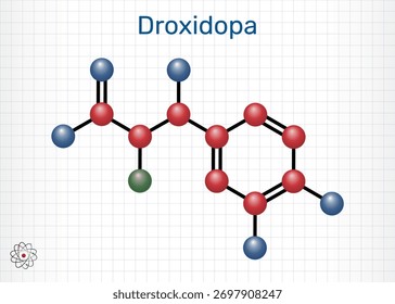 Droxidopa, L-DOPS-Molekül. С Aminosäurederivat, Norepinephrin-Prodrug. Zur Behandlung von neurogener orthostatischer Hypotonie, Parkinson-Krankheit. Blatt Papier in einem Käfig. Molekulares Modell. Vec
