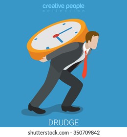 Drudge hard overtime work flat 3d isometry isometric business lifestyle concept web vector illustration. Businessman carry big clock on his back. Creative people collection.
