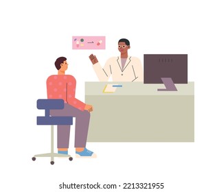 A drug abuse addict and a doctor are consulting. flat vector illustration.