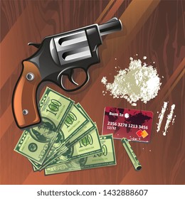 Drug Abuse And Addiction Concept With Revolver Or Pistol Lying Beside A Heap Of Cocaine Or Heroin, Banknotes For Rolling To Sniff Or Snort And A Credit Card To Cut The Powder - Vector Illustration