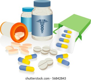 Drug Abuse! - An assortment of prescription medicines isolated on white. Vector illustration. Suitable for internet, advertising, editorial graphics, publications. See others on "Objects" set.