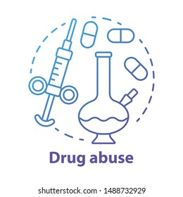 Drug abuse concept icon. Narcotic, opioid addiction idea thin line illustration. Bong, syringe and pills. Cocaine, heroin and marijuana. Substance abuse. Vector isolated drawing