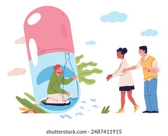 Drug abuse concept. Man drugs addiction family friends support help, narcotic medication toxicity opioid substance illness people addict psychological problem vector illustration