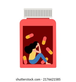 Drug Abuse Concept Vector Illustration. Sad Woman Sitting Inside Pharmacy Bottle In Flat Design.