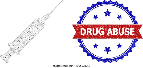 Drug Abuse Grunge Seal, And Syringe Icon Mesh Structure. Red And Blue Bicolored Seal Has Drug Abuse Text Inside Ribbon And Rosette. Abstract Flat Mesh Syringe, Designed With Triangular Grid.