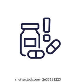 drug abuse icon with pills and medicine, line pictogram on white