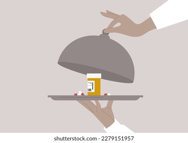 Drug abuse metaphor, waiter's hands unveiling a cloche, a box of prescription pills on a tray, dangerous or harmful behavior