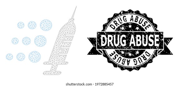 Drug Abuse Scratched Seal Imitation And Vector Fast Vaccine Mesh Structure. Black Stamp Seal Has Drug Abuse Tag Inside Ribbon And Rosette. Abstract Flat Mesh Fast Vaccine, Designed With Flat Mesh.