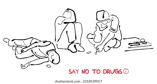 Arte vectorial del abuso de drogas. Amigos y colegas de fiesta y abuso de drogas. Concienciación contra las drogas, art.