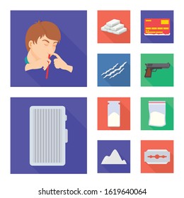 Drug abuse vector flat icon set.Vector isolated illustration poison substance.Icon set of drug.