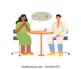 A drug addict is being consulted by a doctor. flat vector illustration.