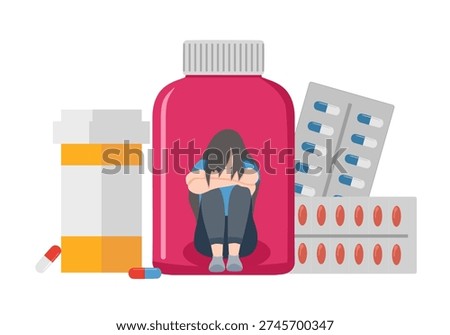 Drug addict concept illustration. Addicted people trapped inside pill bottles, drug dependent person suffering. Society addiction problem narcotic substance systematic abuse flat vector character