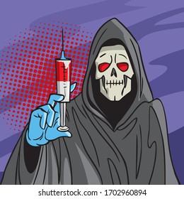 Drug addict. Death holds a syringe with a drug. Dangerous drugs. Comic style illustration.